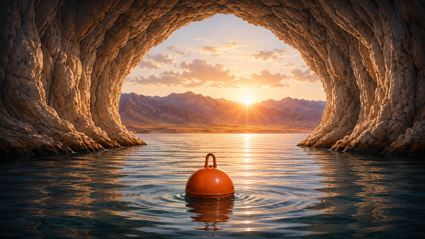A bright orange buoy floating in still water inside a cave, with mountains visible through the opening